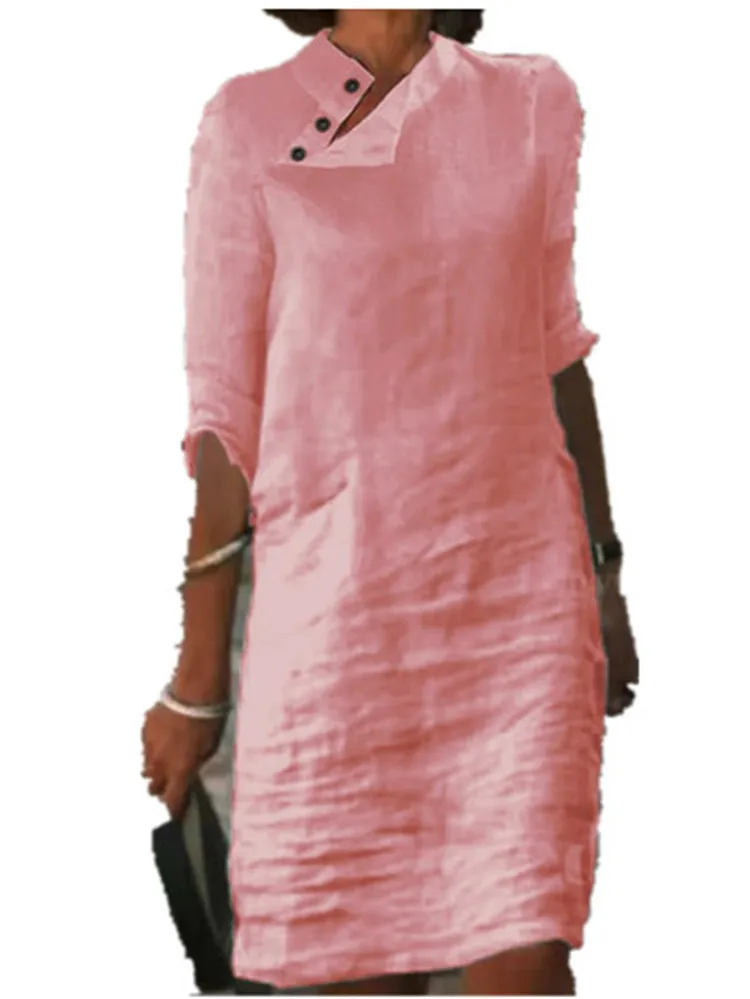 Summer Dress Women 2023 Vintage Ladies Button Cotton Linen Mini Dress Casual Solid Color Loose Casual Dress vestido feminino