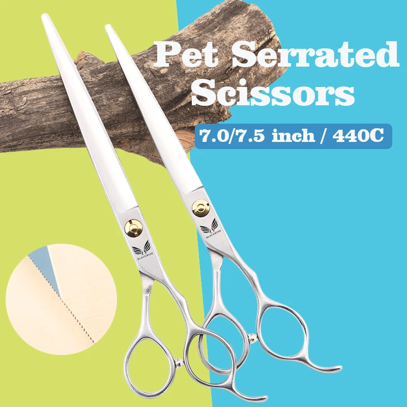Professional Dog Grooming Cutting Straight Shear 7.0/7.5 Inch Narrow Edge 440C Pet Seratted Grooming Scissors