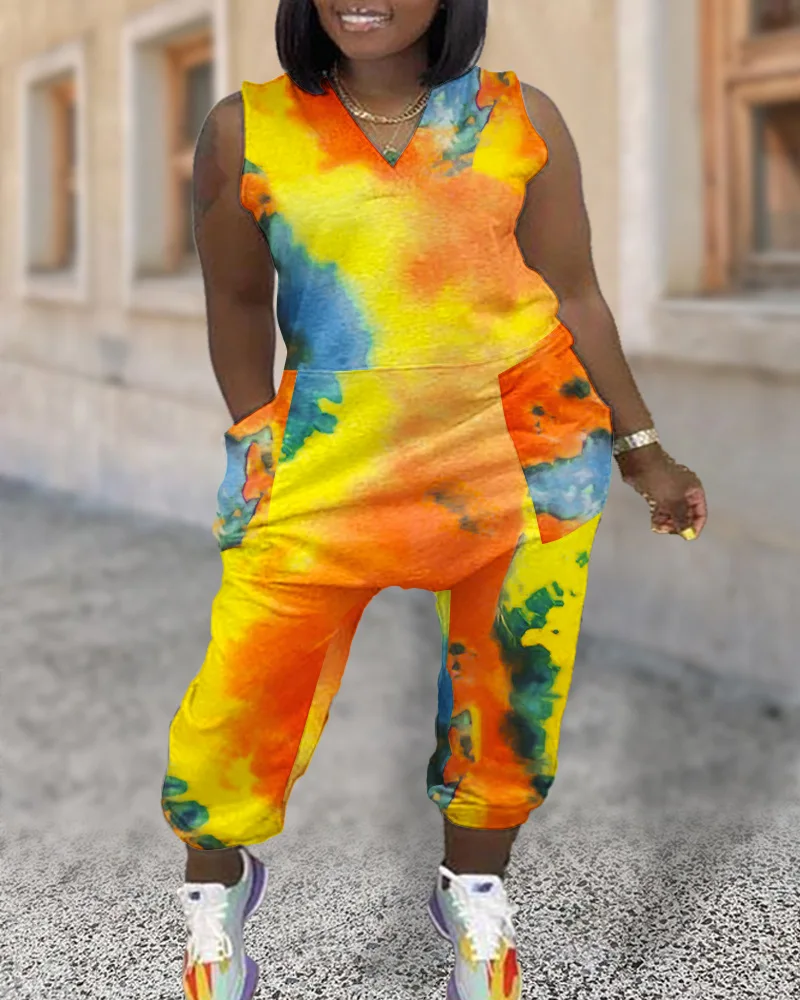 

Tie Dye Pocket Design Jumpsuit Sleevless V Neck High Waist Overall Pants Jumpsuits Women Fashion