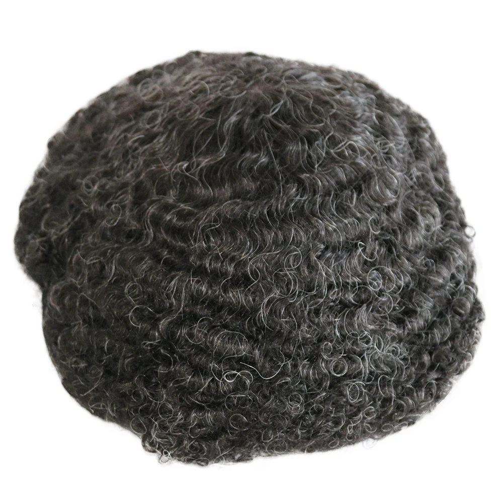 Mens Toupee Afro Curly Full Poly Skin African American Black Human Hairpiece