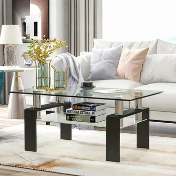 Rectangle Glass Coffee Table 2-Tier Tea Table Modern Side Coffee Table for Living Room 1