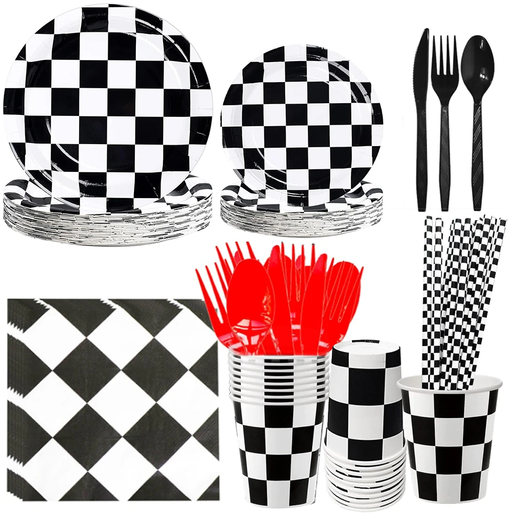 Checkered Tableware Racing Car Dessert Plates Napkins Race Sports Themed Table Decor Cotton Napkins Polyester Napkins Satin Napkins Disposable Paper Napkins Paper Napkins Linen Napkins For Race Car Birthday