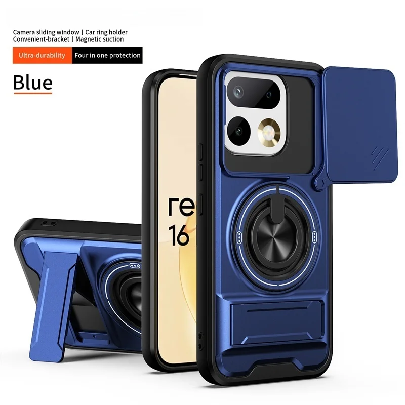 Shockproof Armor Case with Slide Lens Protector and Magnetic Ring Stand