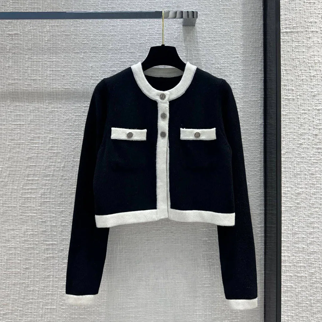 여성용 캐시미어 니트 짧은 디자인 가디건, 줄무늬 패치워크 O-넥 전면 더블 포켓 버튼, 귀여운 스웨터, 가을 패션, 신상