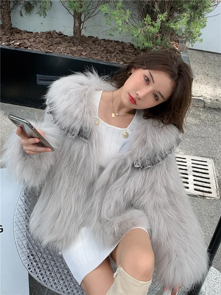 Girly Raccoon Dog Fur Woven Coat Lolita Style Thick Warm Fur Jackets Long Sleeve Lapel Short Outerwear Winter Women's Clothing