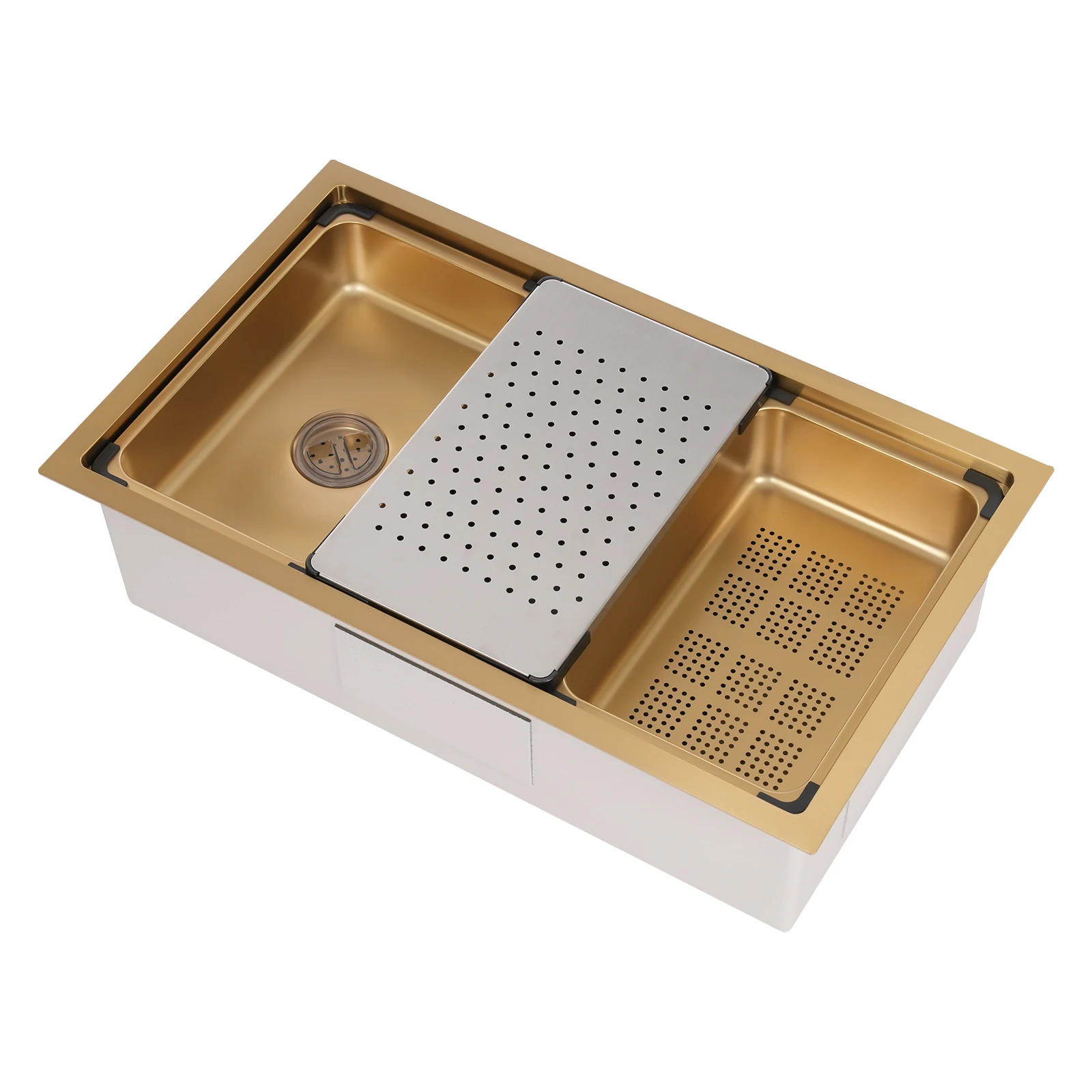 29,92 * 18,03 * 8,66 Zoll Unterbau-Küchenspülen Leiste Workstation Gold-Edelstahlspüle Einzelschüssel mit Entrainingsbrett, Korb – Detail 6