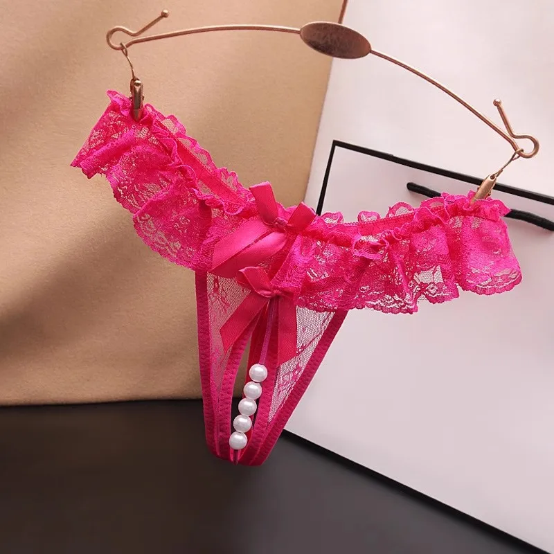 Pink Lace T Back Thongs Low Waist Open Crotch Sexy Panties Erotic Lingerie Women Underwear With Pearls Elastic G-string For Sex