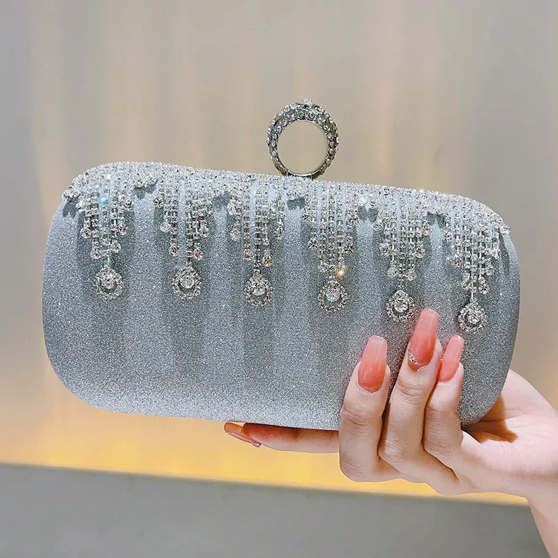 

Fashion Luxury Ladies Evening Bag Fine Diamond Rhinestone Tassel Clutches For Women Ring Handbag Silver Color Chain Shoulder Bag