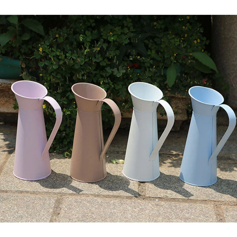 1PC 20cm Vintage Shabby Chic Cream Flower Vase Pitcher Jug Metal Coffee Pot Shaped Flower Vase Tin Home Decor Vases 3