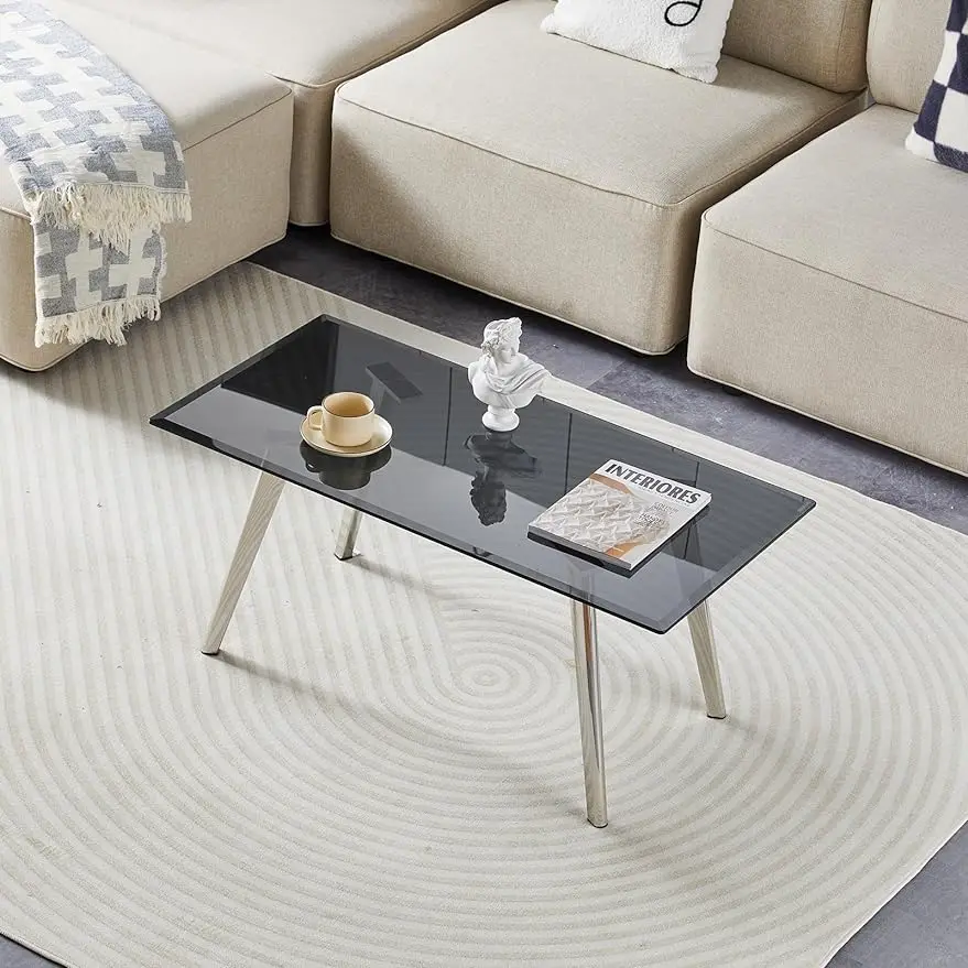 

Modern Tempered Glass Coffee Table, Rectangle Home Accent Table with Stainless Steel Legs