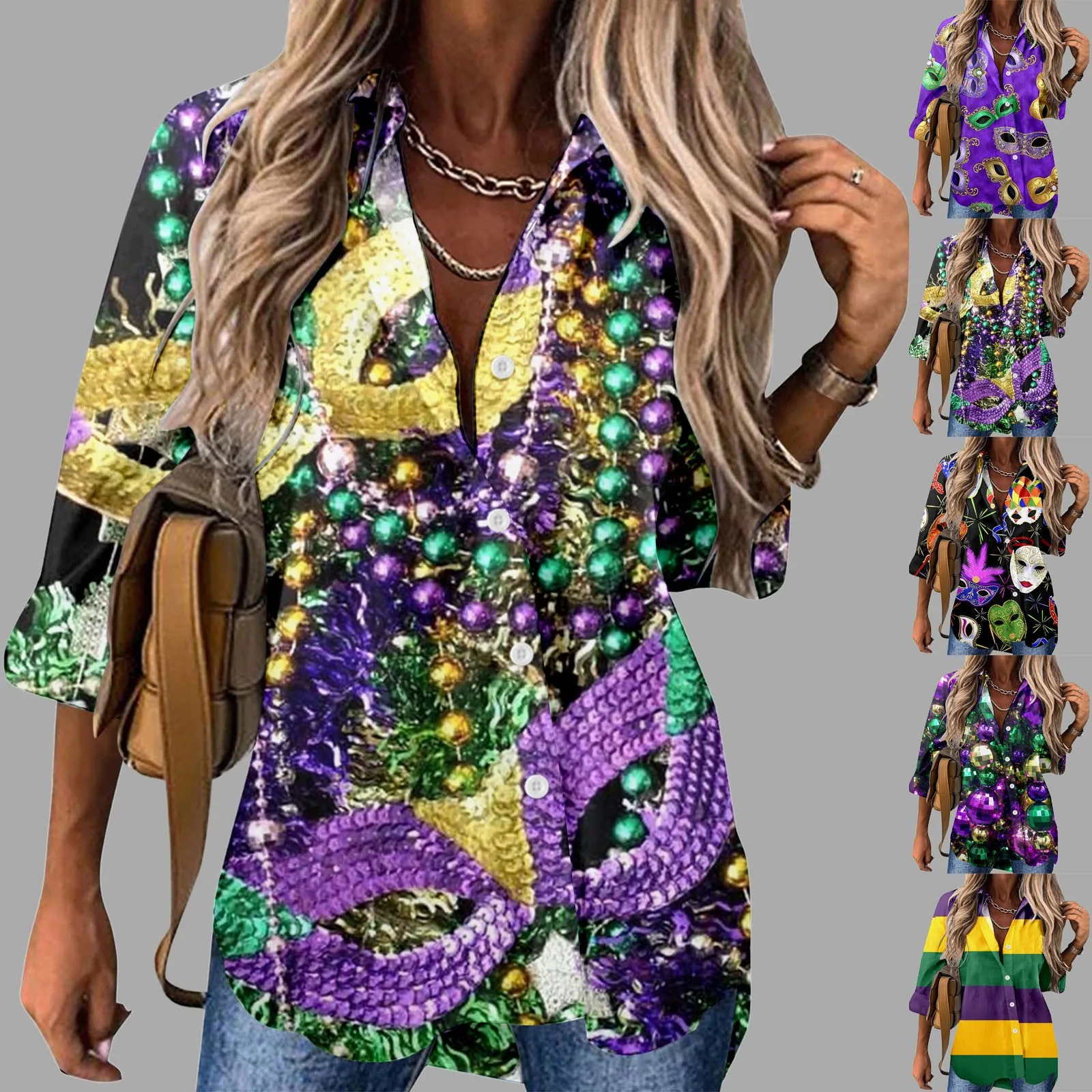 🎭 Mardi Gras Women's V-Neck Long Sleeve Carnival Print Shirt