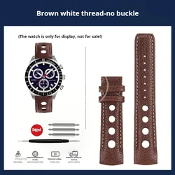 Curved End 20mm Genuine Leather Watchband with Stainless Steel Buckle - 20mm (Brown white no clasp)