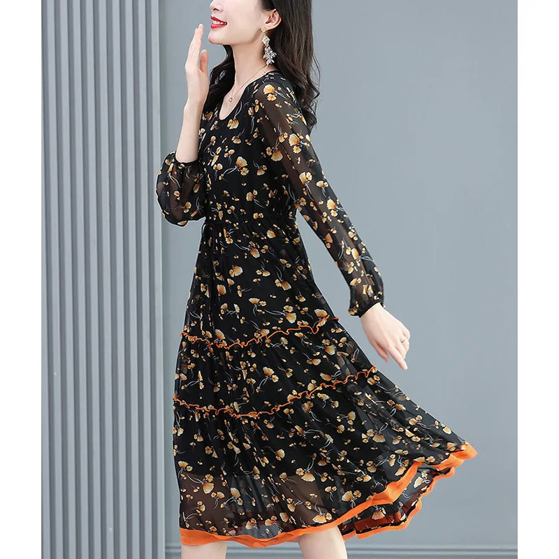 

Elegant O-Neck Printed Spliced Loose Ruffles Midi Dress Women's Clothing 2023 Autumn New Oversized Office Lady Floral Dress