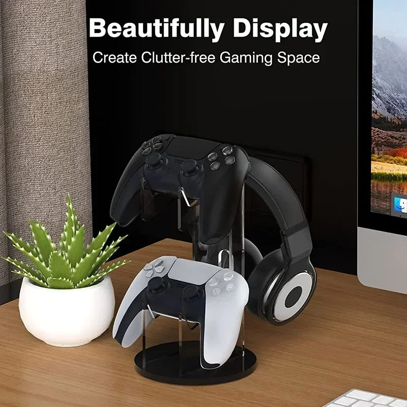 Support 2 En 1 Pour Casque Et Manette De Jeu - En Acrylique Noir, Dimensions 14x14x23.3 Cm - Universel, Stable, Pour Bureau