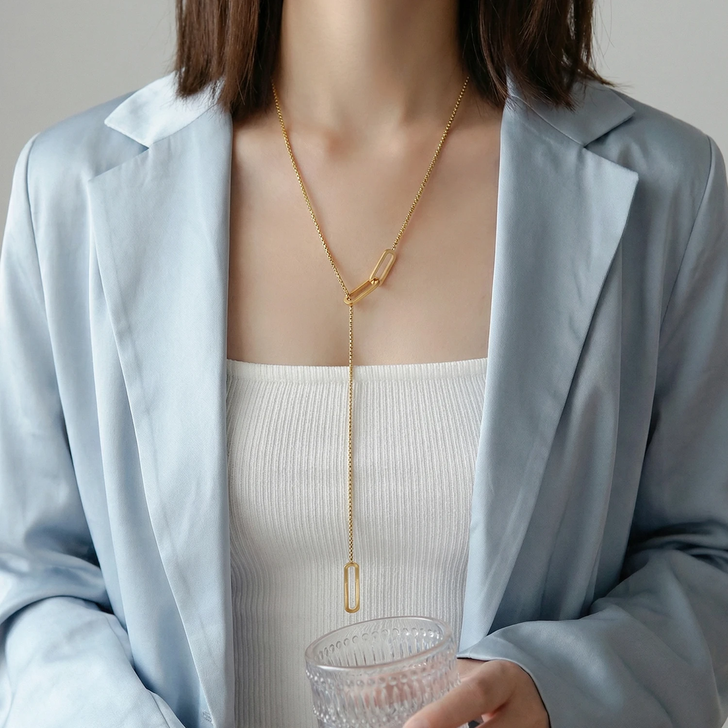 Elegant 18K Gold Plated Long Necklace with Delicate Pendant - Hypoallergenic Stainless Steel Chain