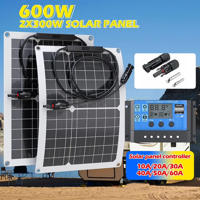 300W 태양광 패널 – 10A-100A 컨트롤러가 포함된 18V 시스템, 모바일 기기, 자동차 배터리 또는 RV 전력 시스템 충전에 적합