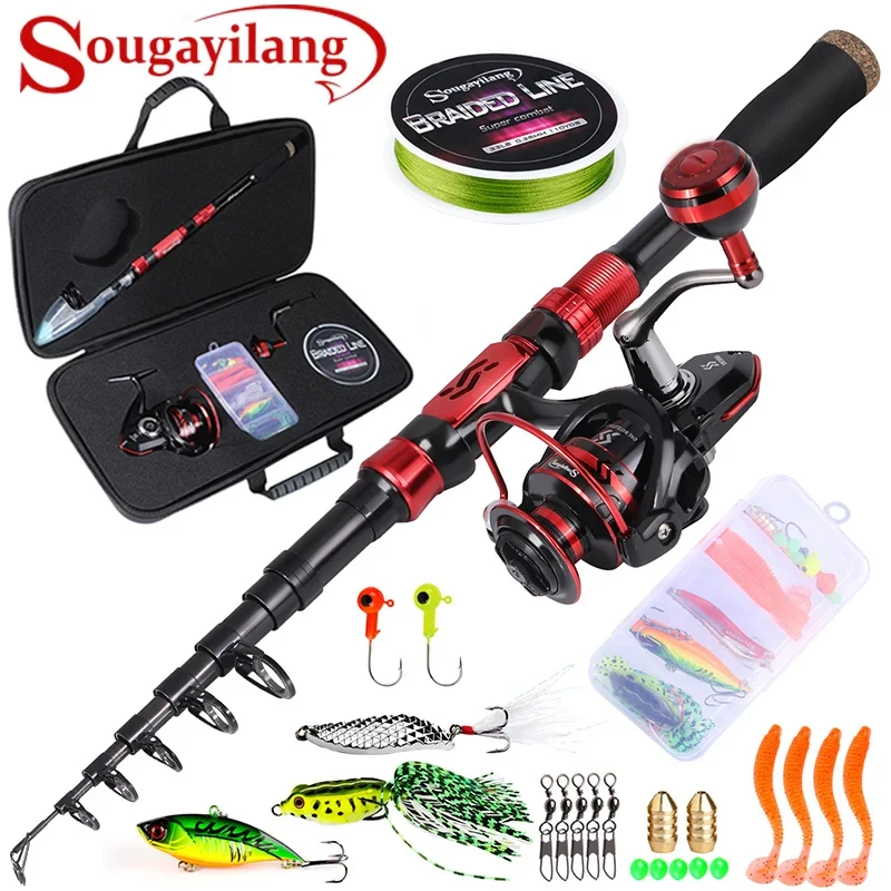 Sougayilang Fishing Rod and Reel Combo Telescopic Fishing Rod Spinning Reel with Free Spool Fishing Hooks Lure Line Bag Full Kit