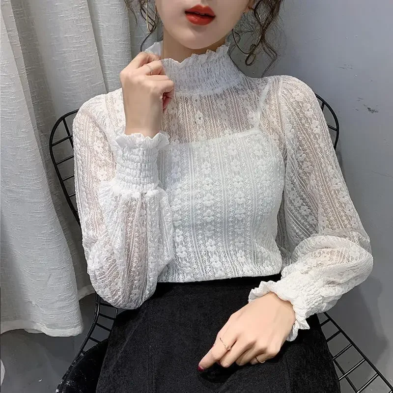여성용 터틀넥 레이스 가을 겨울 긴 소매 메쉬 탑 블라우스 여성 Blusas Ropa De Mujer