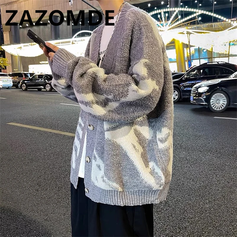 ZAZOMDE 하라주쿠 오버사이즈 스웨터, 일본 스타일 스트리트웨어, 한국 패션 가디건 점퍼, 남성용 니트 스웨터, 가디건 코트