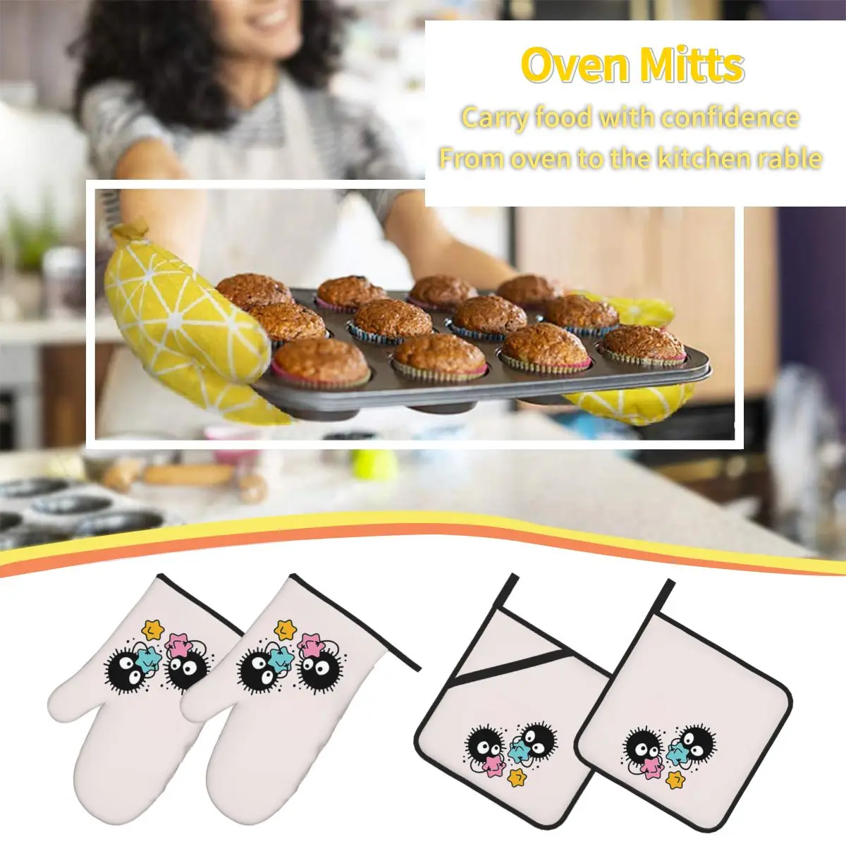 Soot Studio Ghibli Oven Mitts and Pot Holder Sets of 4 for Baking Kitchen Cooking Grilling Resistant Non-Slip Gloves