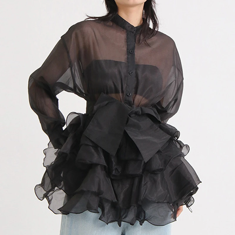 

Модная и элегантная однотонная женская блузка, новинка, женская шифоновая блузка с тонкой талией, оборками и кружевом