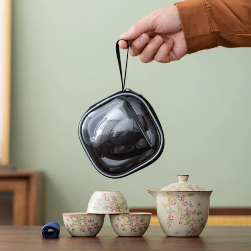Hand-Painted Peach Blossom Three-Cup Travel Pack Ceramic Travel Kung Fu Tea Set Ruyao