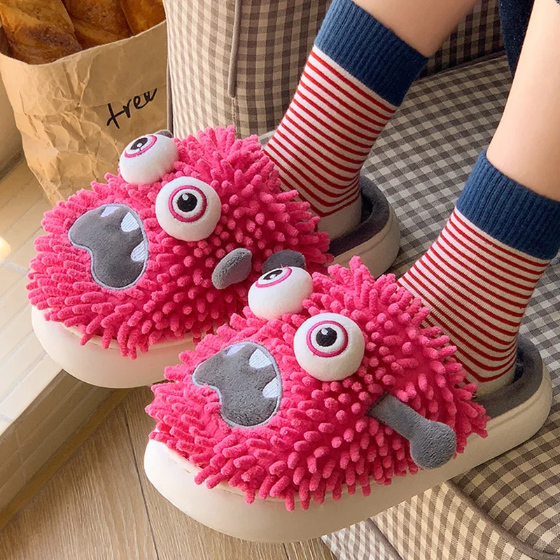 Funny Monster Plush Slippers for Women Cute Cartoon Thick Bottom Cotton Slippers Woman Light Indoor Non Slip Warm Slides Mujer