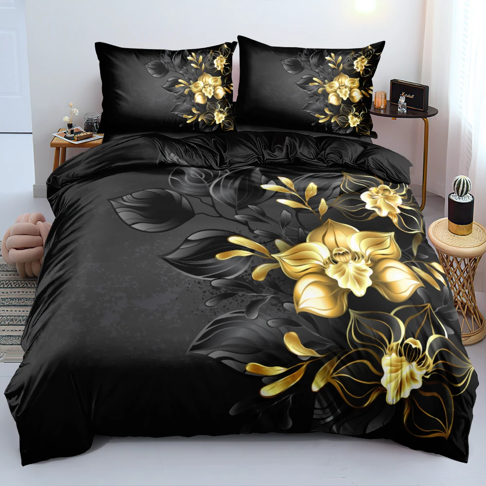 

3D Design Flowers Duvet Cover Floral Bedding Set Comforter Cover Pillowcases King Queen Size Black 2/3pcs Polyester Quilt Cover