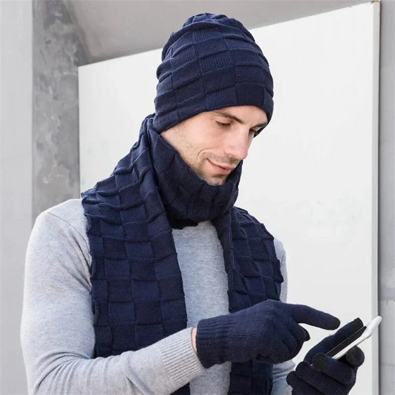 Men Knitted Long Scarf Hat Gloves 3 Piece Set Winter Warm Plush Protection Ear Cap Scarves And Touchscreen Gloves