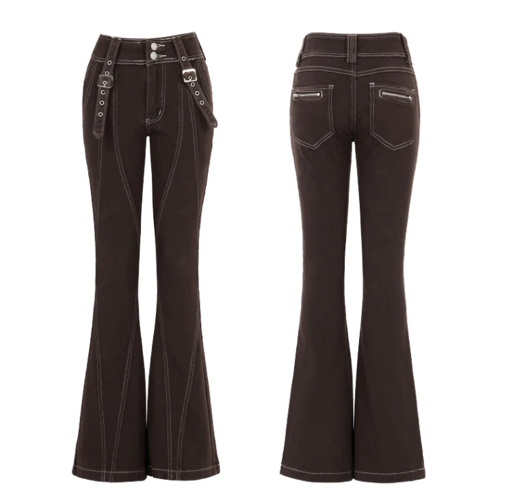 여성용 하이 웨이스트 빈티지 브라운 청바지, 플레어 팬츠, 한국 패션 스트리트웨어, 슬림핏 데님 바지