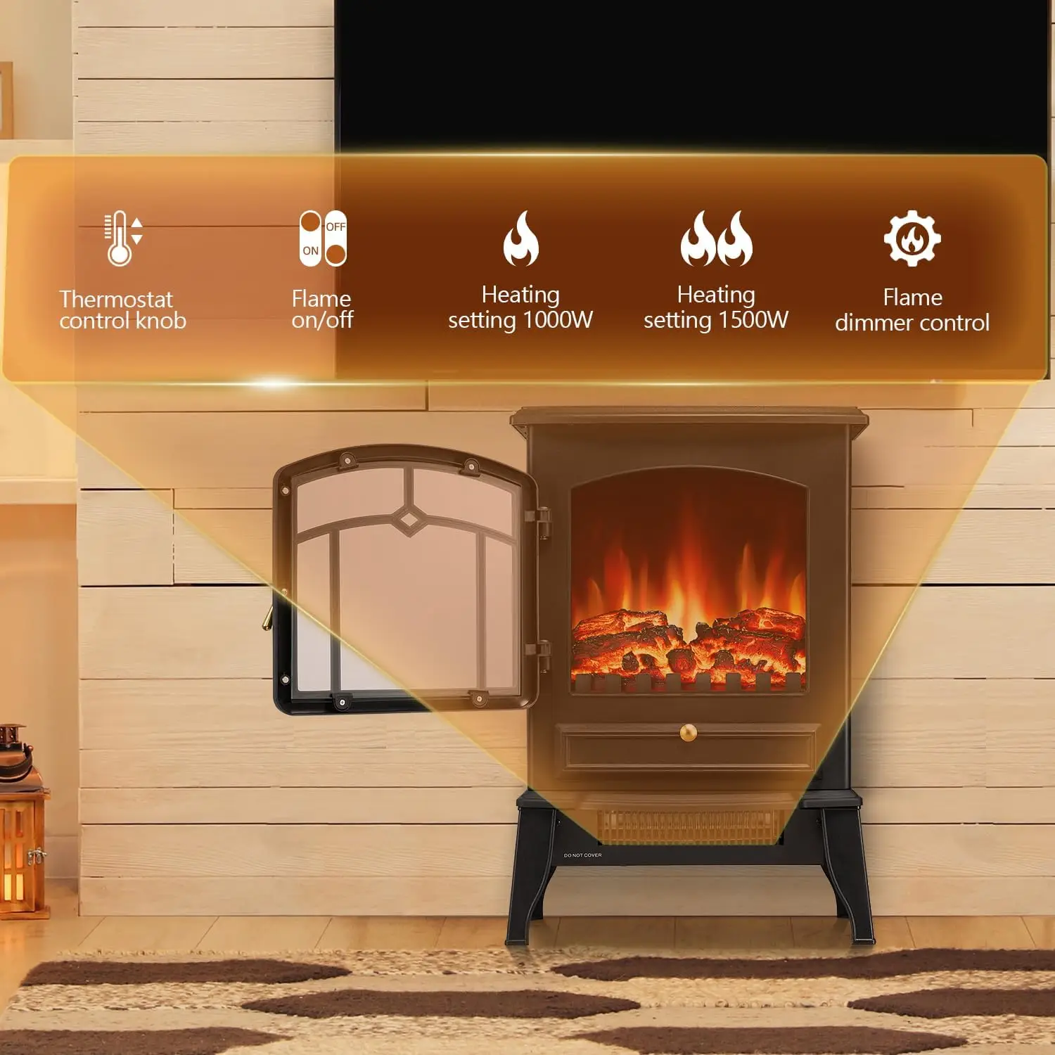 Electric Fireplace Stove Heater with Thermostat Control, 15" Cathedral Stylish Small Fireplace, 3D Realistic Flame Effects 3
