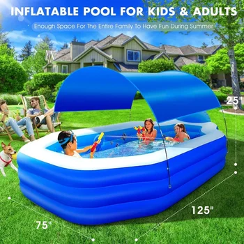 Inflatable swimming pool with canopy, children's large swimming pool, swimming pool with seats and backrest, 125 "x 75" x 25“ 1