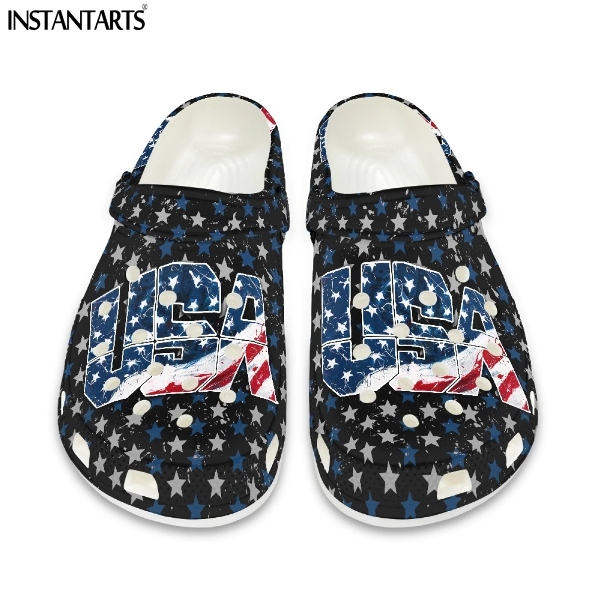 INSTANTARTS Fashion USA Flag Design Men's Hole Flats Summer Breathable Air Sandals Outdoor Slippers for Women Adult Garden Shoes