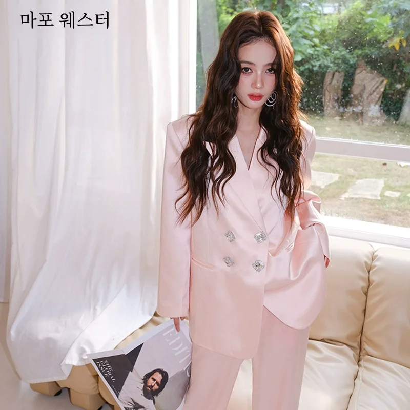 Masionwester 가을 새로운 여성 옷 새틴 핑크 더블 브레스트 느슨한 세트 세트 바지 투피스 세트