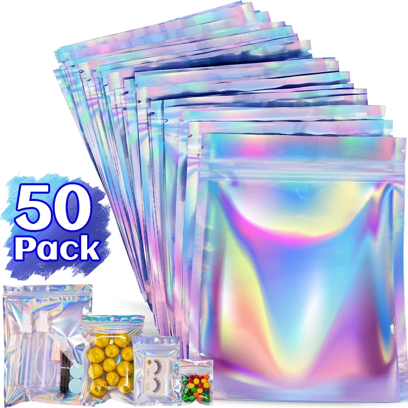 

50/30/10PCS Resealable Laser Packaging Bags Transparent Holographic Bag Jewelry Display Retail Storage with Sealing Strip