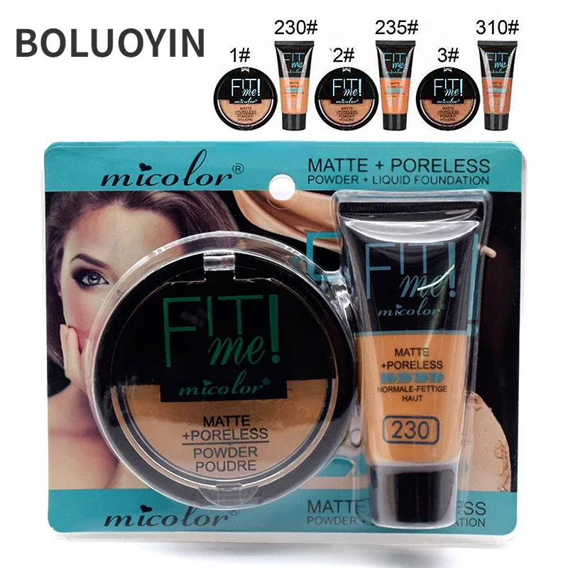 Micolor Fit Me 2 IN 1 Matte Black Skin 30g Poreless Powder + 30ml Liquid Foundation Dark Skin Dedicated Foundation Cosmetic Set