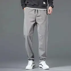 Men Waffle Casual Pants Spring Summer New Straight Sweatpants Elastic Waist Drawstring Light Gray Loose Fashion Male Trousers