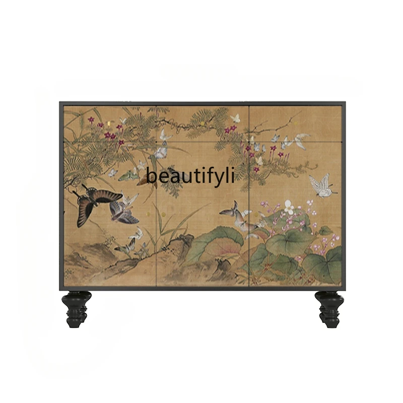 

Chinese-Style Home Hold Storage Cabinet Solid Wood French Flower and Bird Home Entrance Cabinet Living Room Storage Cabinet