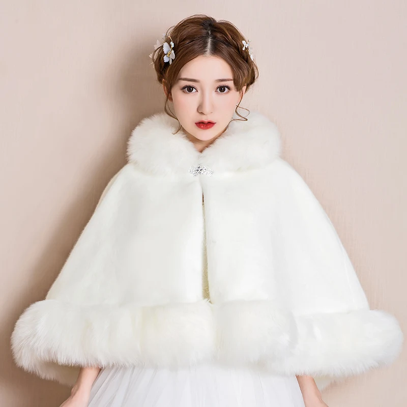 Abito da sposa scialle inverno sposa cerimonia di nozze abito da damigella d'onore bianco abito da sera cappotto manica lunga mantella esterna capelli