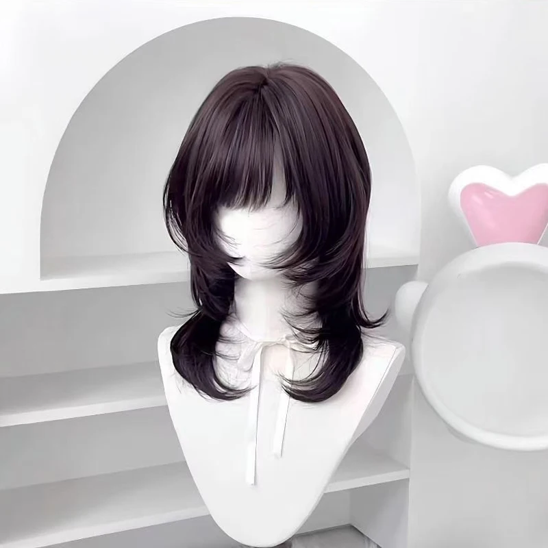 Synthetic Women Wig Hairpiece 18inch High-layered Mullet Haircut Wolf Cut Black Wig with Hair Bangs for Women Daily Party Use