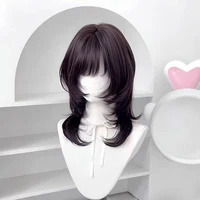 Perruque synthétique pour femmes, postiche de 18 pouces, coupe de cheveux mulet à plusieurs niveaux, coupe de loup, perruque noire avec frange pour femmes, usage quotidien en fête 4