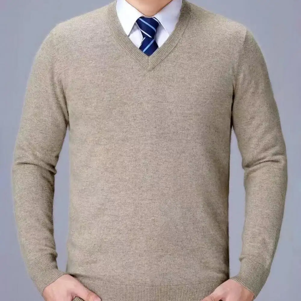 

Base Layer Shirt Men's V Neck Solid Color Knitted Sweater Fall Winter Thick Pullover Soft Elastic Mid Length Sweater Casual