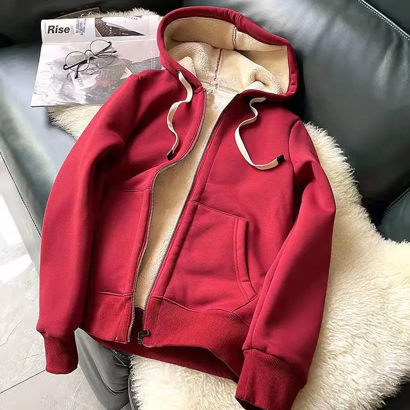 Autumn and Winter Women's Coat Korean Version Plush Warm Hooded Sweater Casual Sports Cardigan Zipper Coat Hoodies Sweatshirt