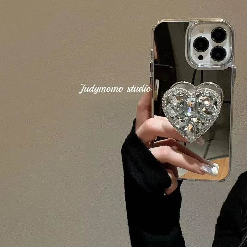 Luxury Diamond Heart Holder Metal Camera Makeup Mirror Case