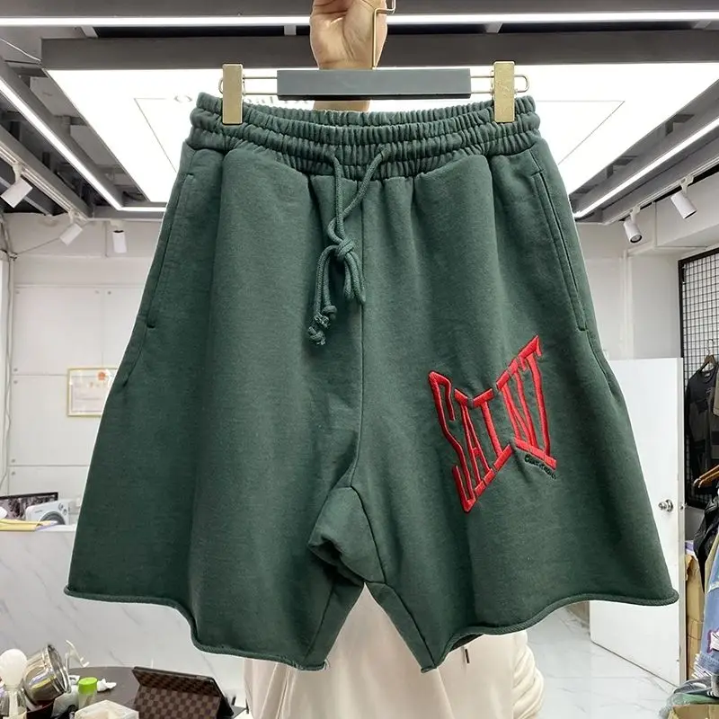 SAINT Embroidered Street Drawstring Elastic Waist Loose Curled Loop Sports Casual Shorts
