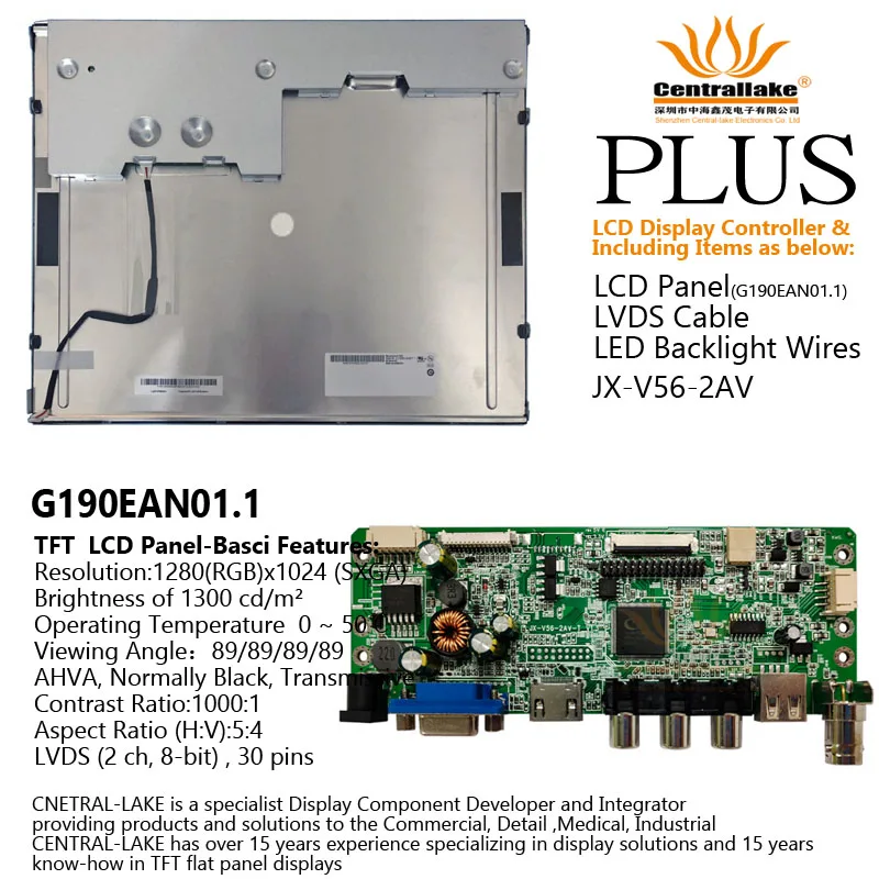 

Hot Sale for 19″LCD Industrial Display Screen Includes Controller Board :V56-2AV Plus 19 Inch PanelG190EAN01.1
