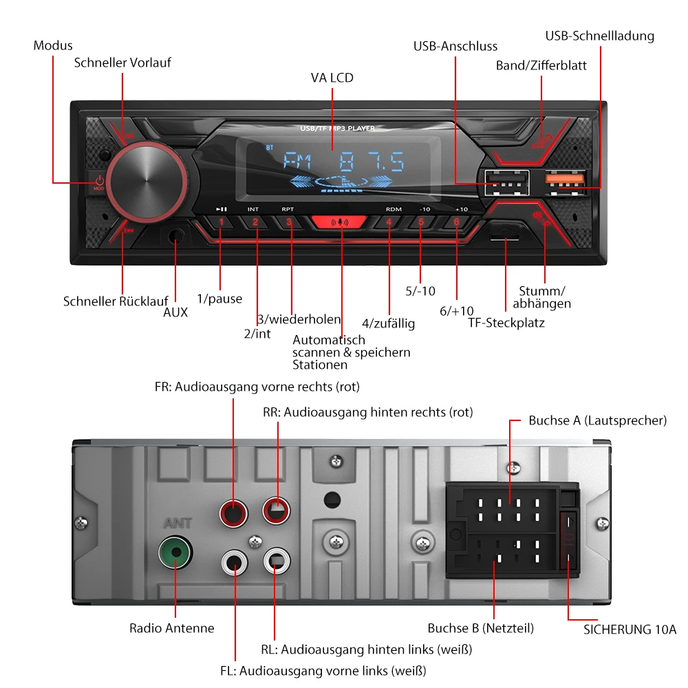 MOPECT DAB+ Single 1 DIN Autoradio Bluetooth Stereo MP3-Player 2USB/TF/FM/AUX Haupteinheit MP3-Player Einbau-Fernbedienung Ohne CD – Detail 11