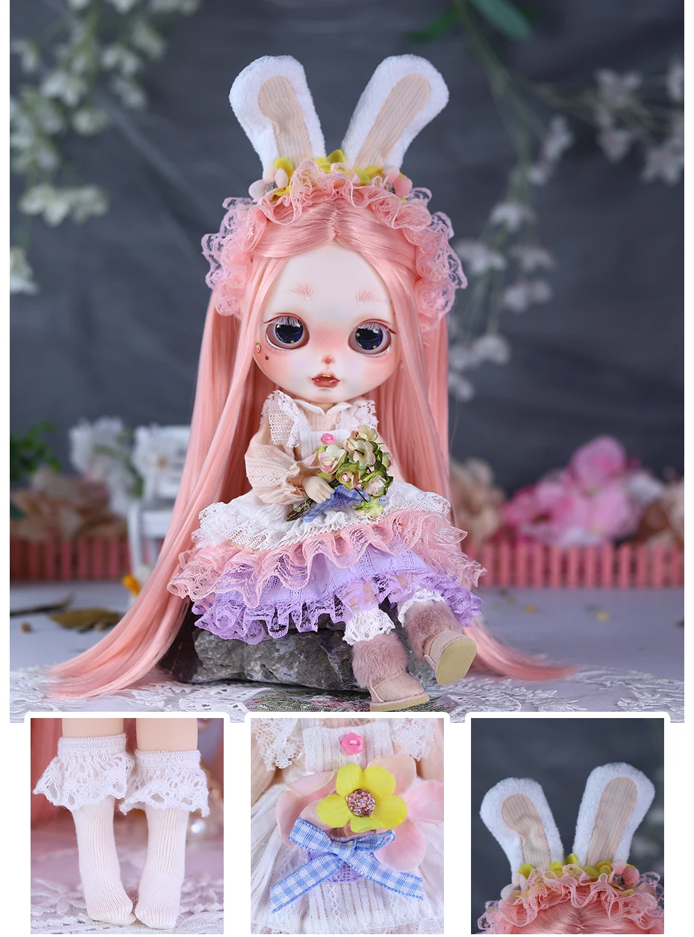Neo Blythe Doll Multi-Color Net Layered Dress with Floral Bunny Hairband 3