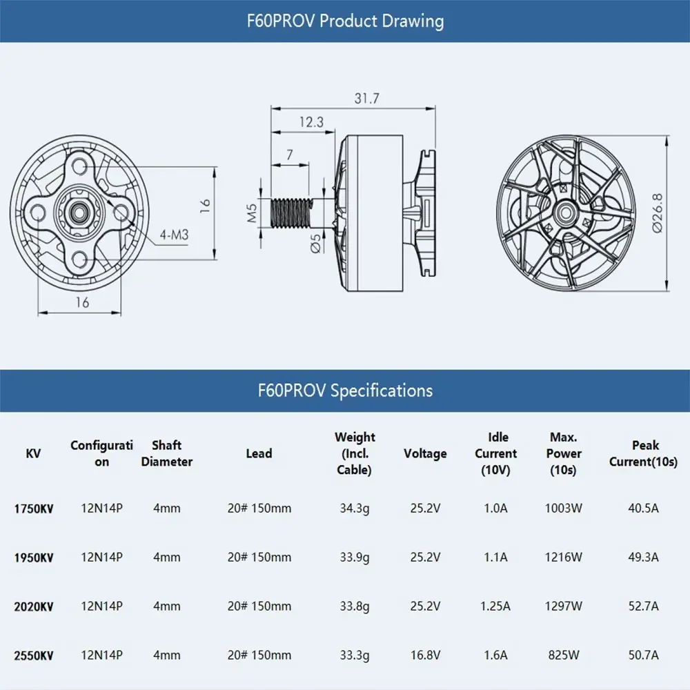 Бесщеточный двигатель T-Motor F60 PRO V 1750/1950/2020/2550KV — титановый вал 4 мм для дронов FPV Racing и фристайла 5–6S thumbnail 6