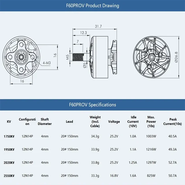 T-Motor F60 PRO V 1750/1950/2020/2550KV Brushless Motor - 4mm Titanium Shaft for 5-6S FPV Racing & Freestyle Drones 6